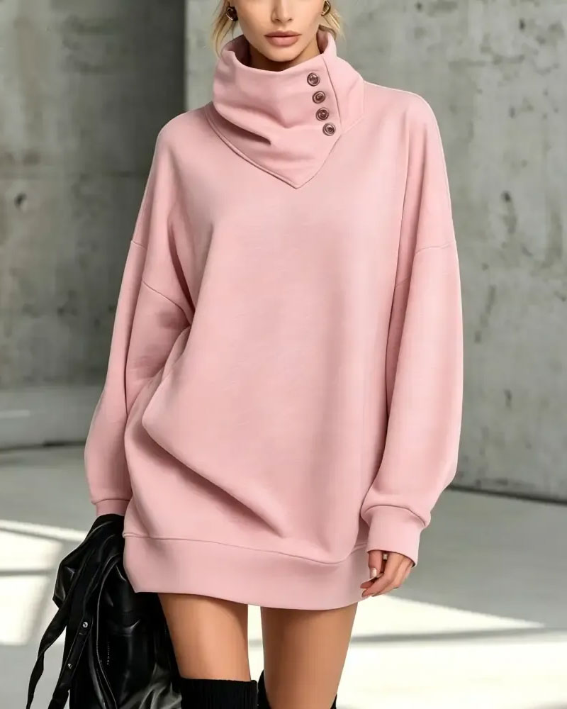 Robe Col Roulé Bouton Diagonal Coupe Loose