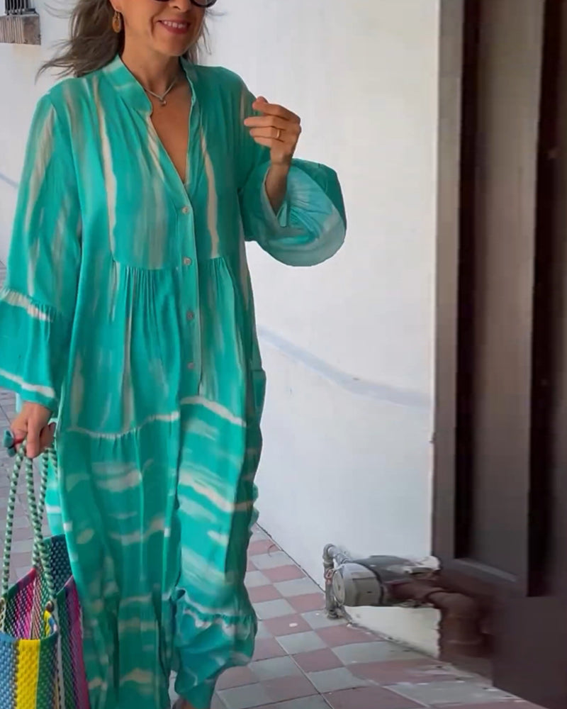 Robe longue ample décontractée à col en V et manches évasées