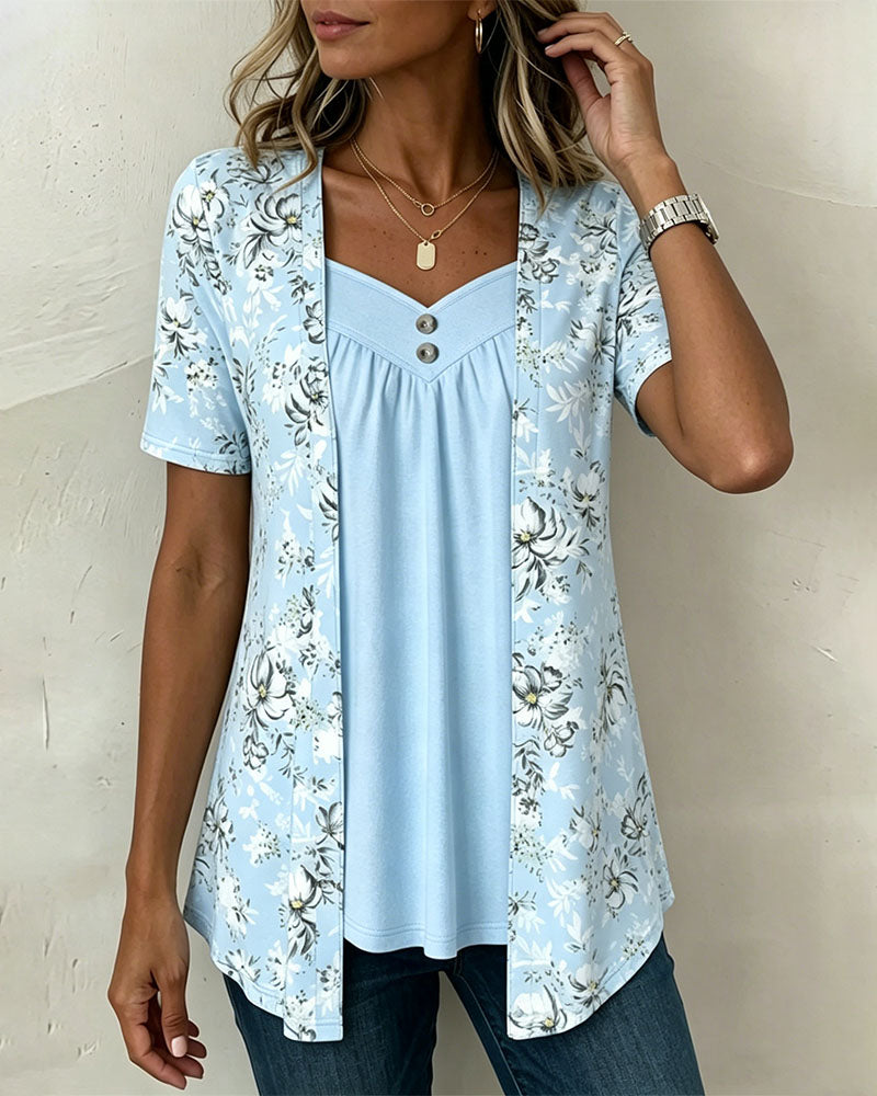 T-Shirt Imprimé Floral Fausse Deux Pièces