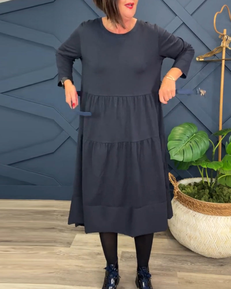 Robe décontractée de couleur unie à col rond et patchwork