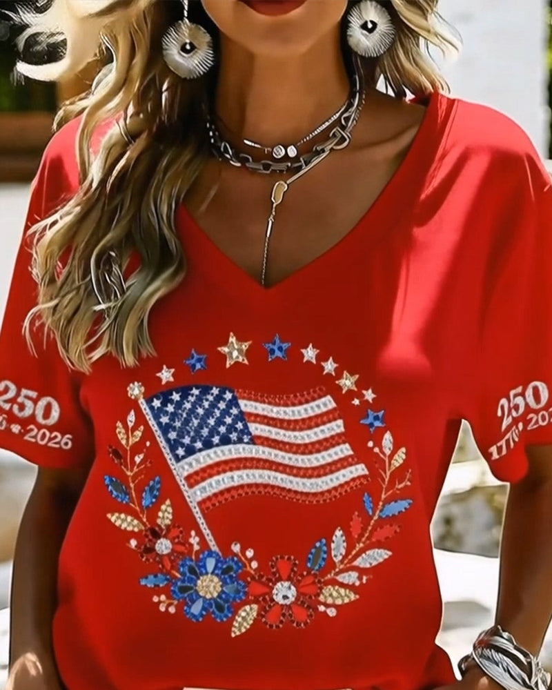 T-Shirt Col V Lettre Floral Manche Courte