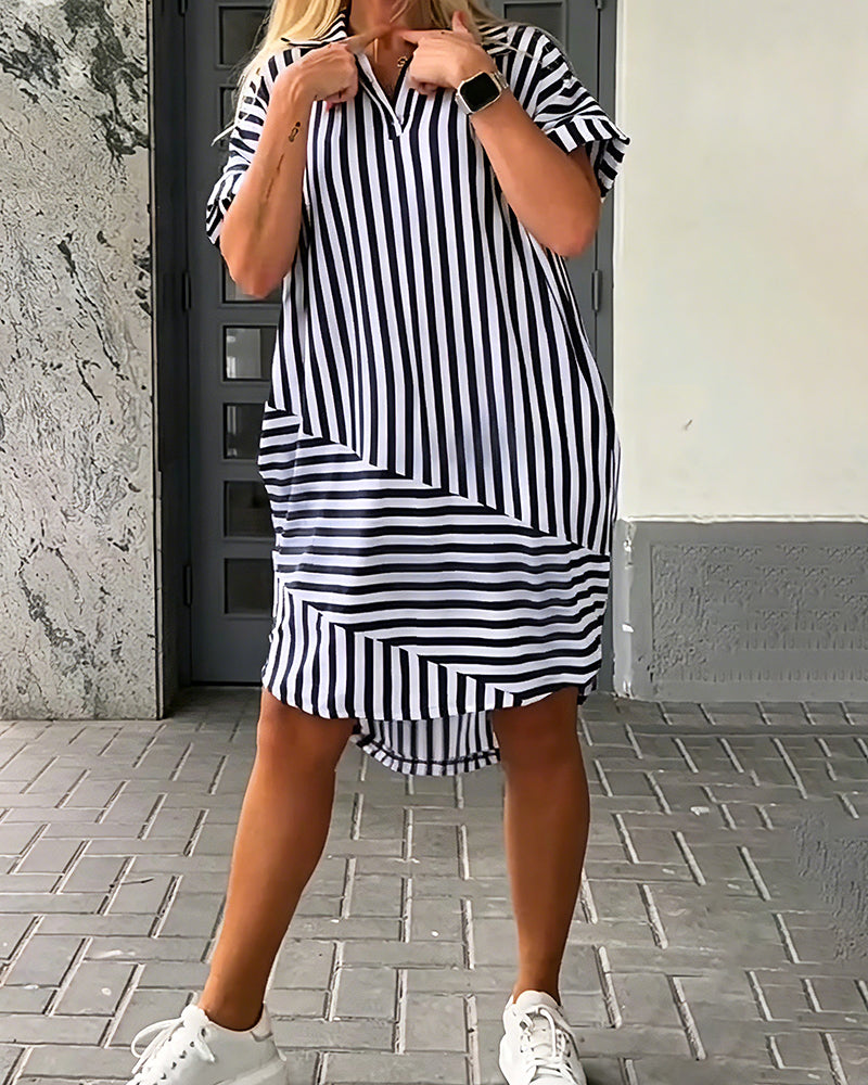 Robe Col Revers Rayures Coupe Irrégulière