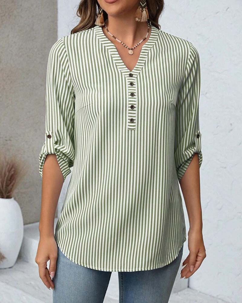 Chemise Rayée Ample À Col V Boutonnée
