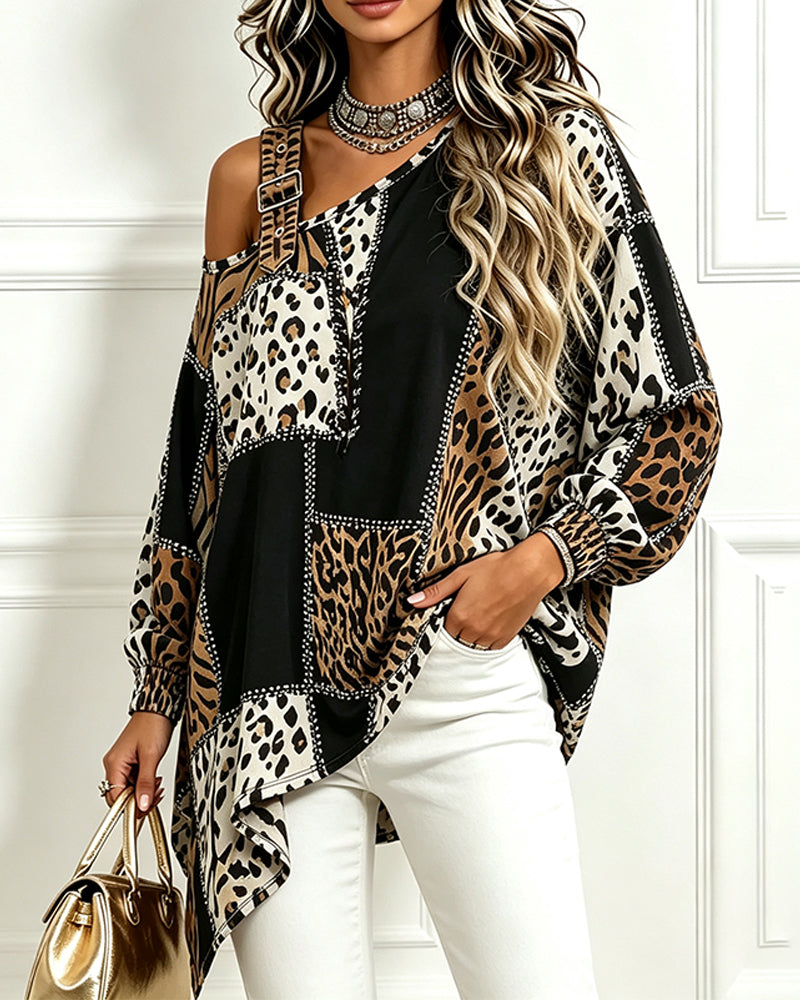Blouse Léopard Imprimé Patchwork Col Asymétrique Manches Longues