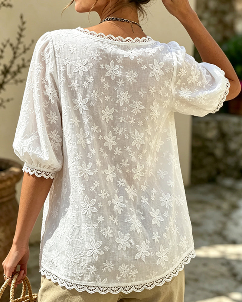 Chemisier À Col Carré Manches Bouffantes Jacquard