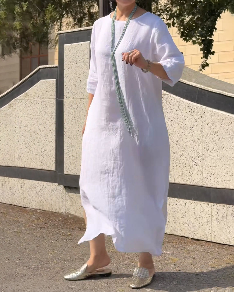 Robe Col Rond Unie Manche Coude Lâche