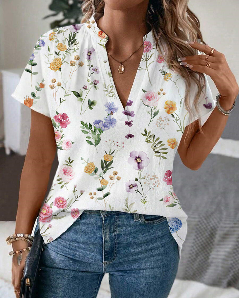 Blouse Imprimé Fleuri Manches Courtes