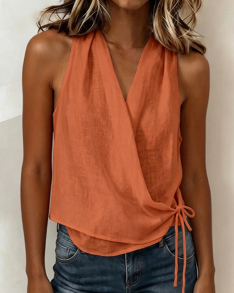 Blouse Unie Sans Manches Encolure Nœud Cou