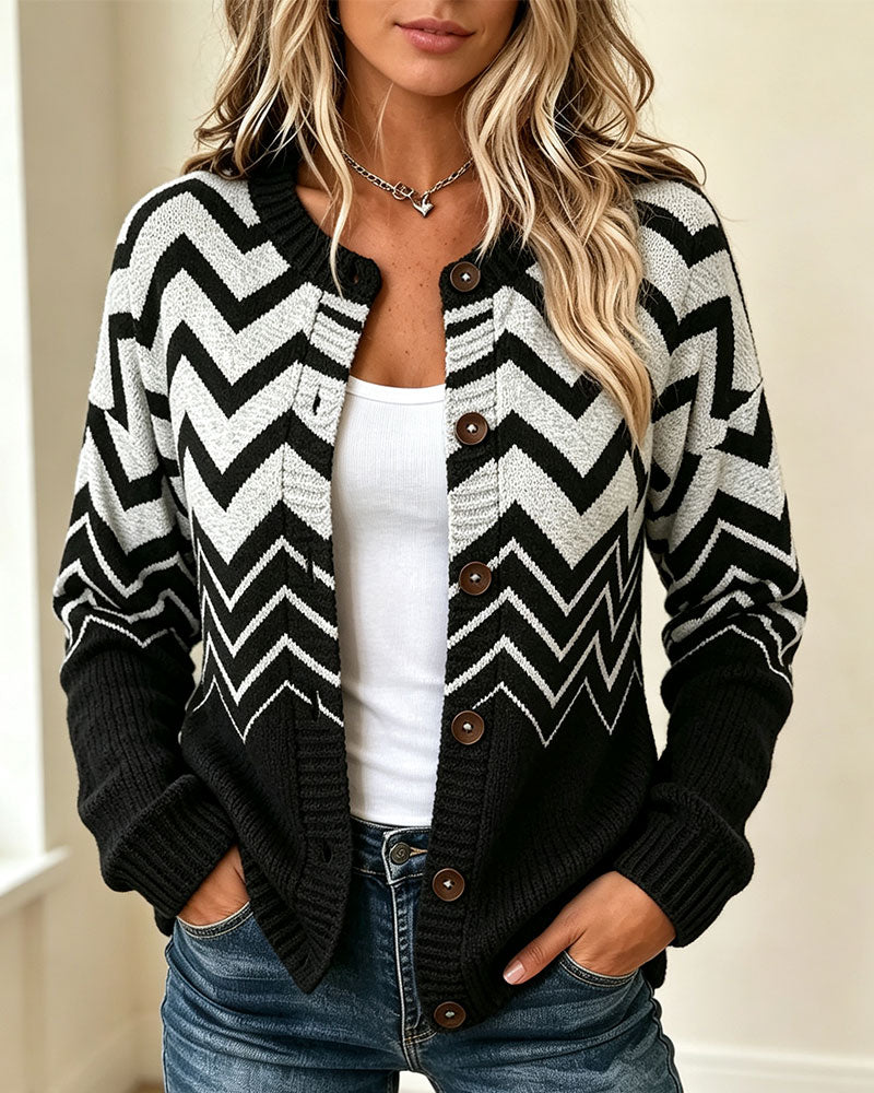 Cardigan Rayures Ondulées Boutonné