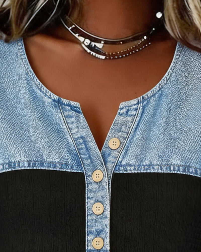 Blouse Denim Patchwork Manche Courte