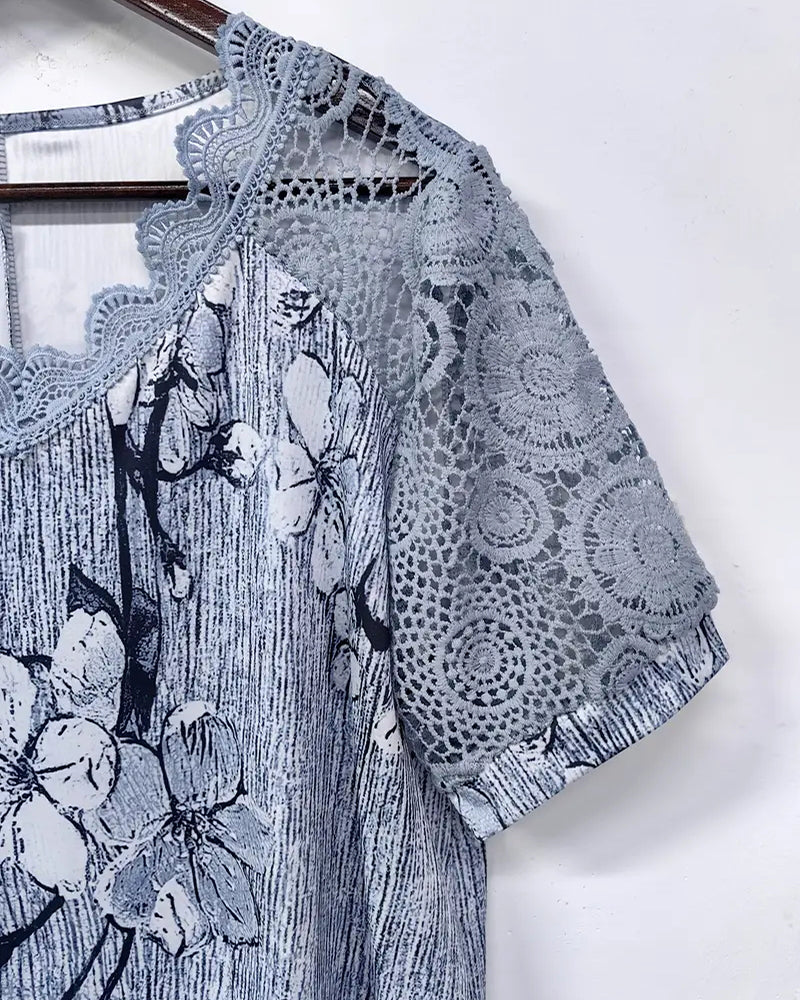 T-shirt Dentelle Crochet Patchwork Imprimé