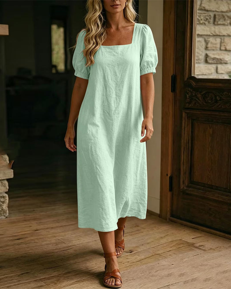 Robe Col Carré Manche Bouffante Poche