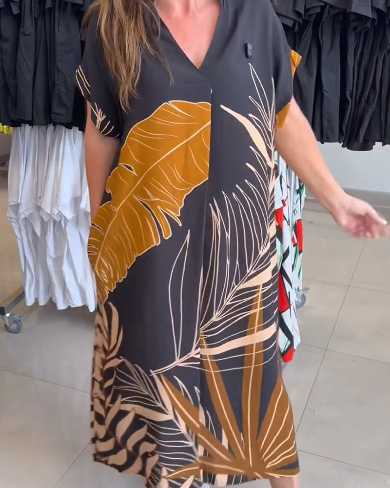 Robe Col V Grand Imprimé Feuille Ample