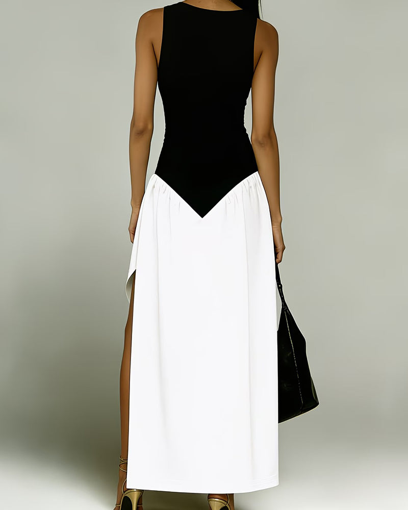 Robe Col Rond Sans Manches Patchwork Irrégulier