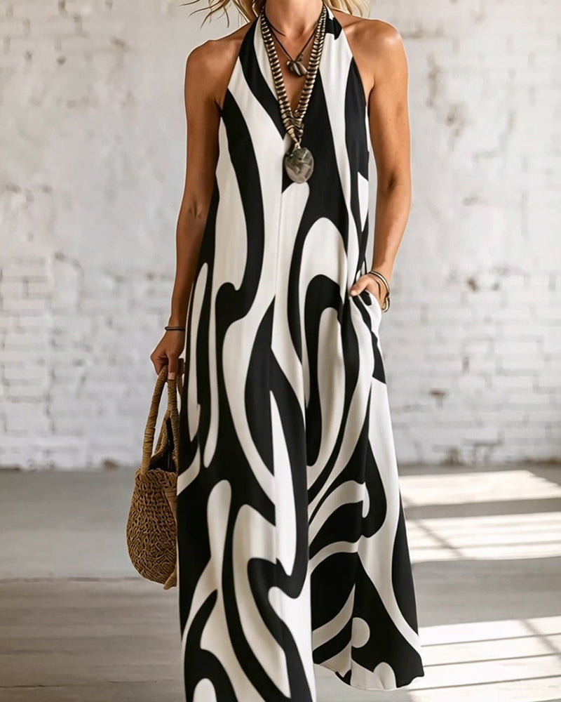 Robe Col V Sans Manches Motif Géométrique