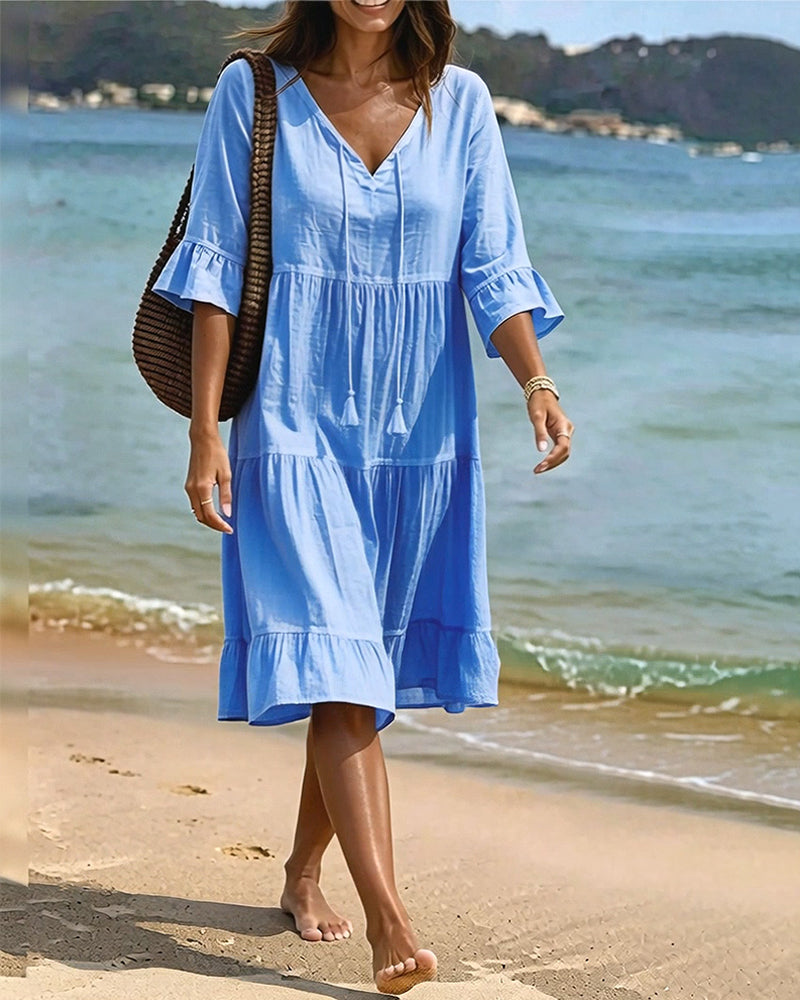 Robe Évasée Demi-Manche Nœud À La Taille