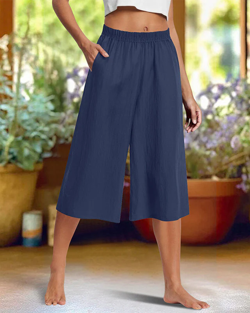 Pantalon Taille Élastique Poche Unie Décontracté Court