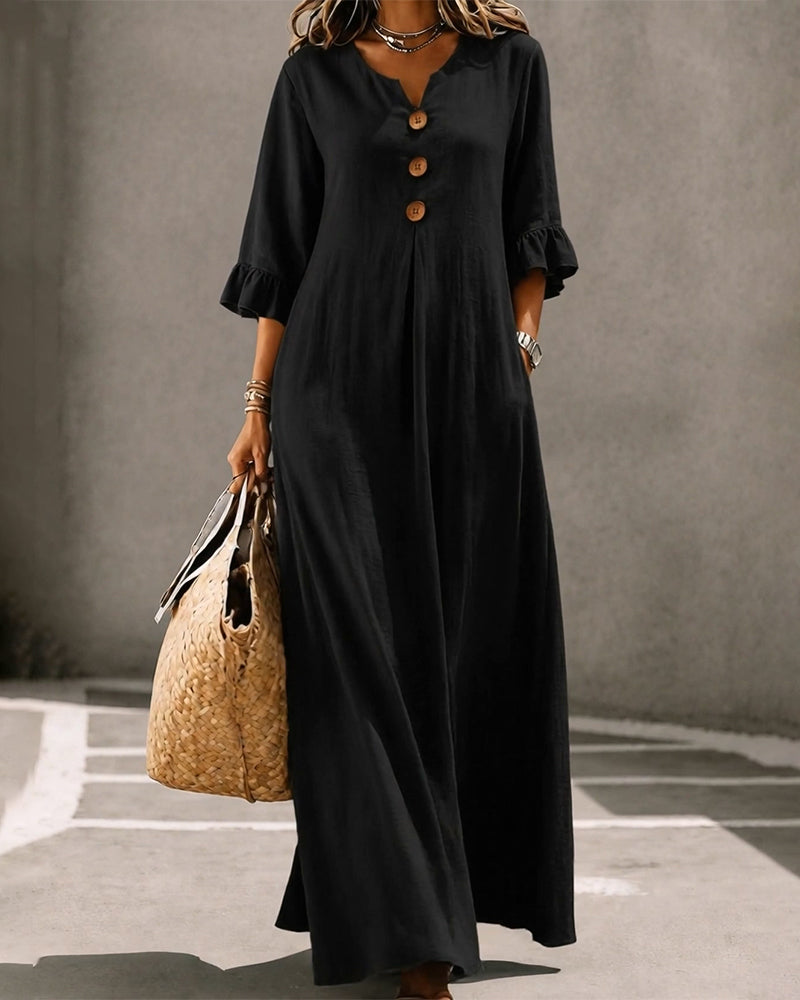 Robe Col En V Bouton Volant Jupe Ample