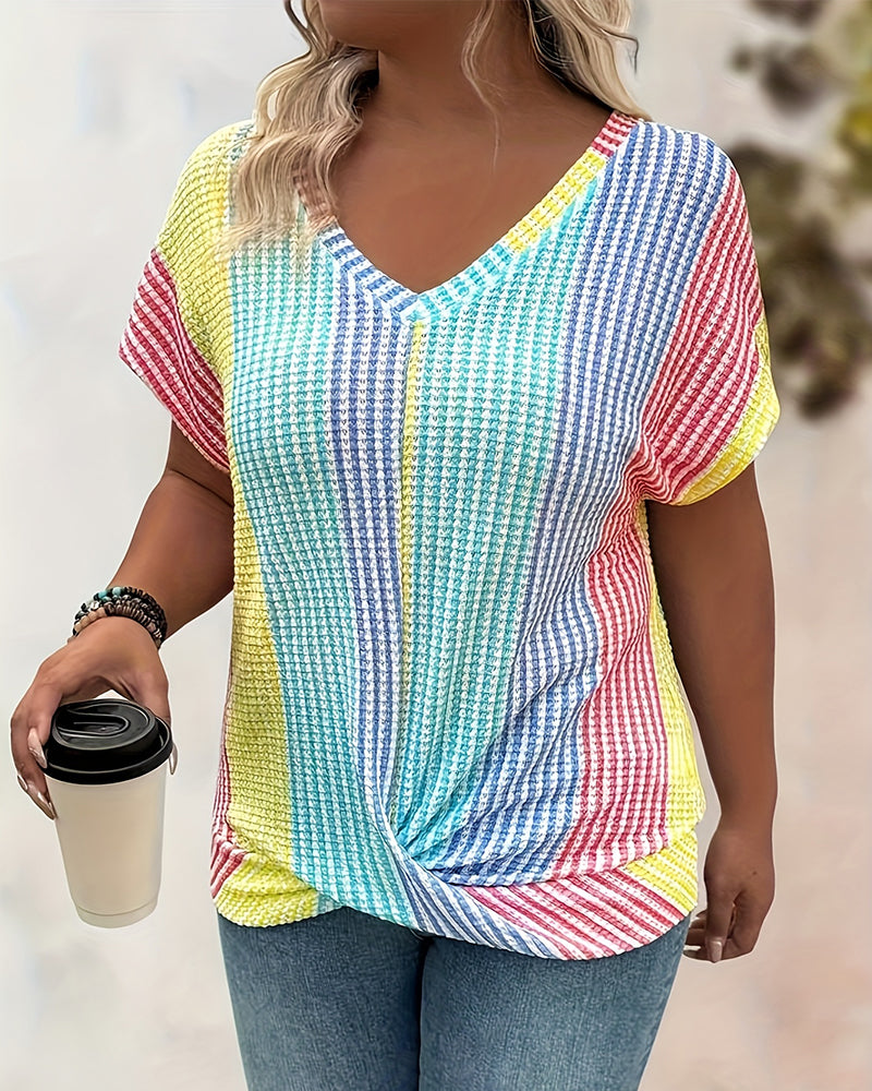 T-Shirt Contraste Couleur Nœud Torsadé Col V