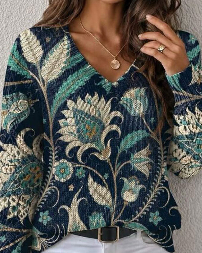 Pullover Col V Manches Longues Imprimé Floral