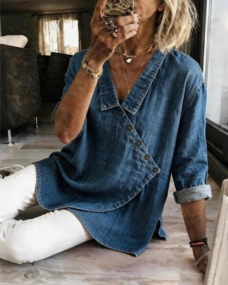 Blouse Unie Bouton Diagonal Col Manches Longues