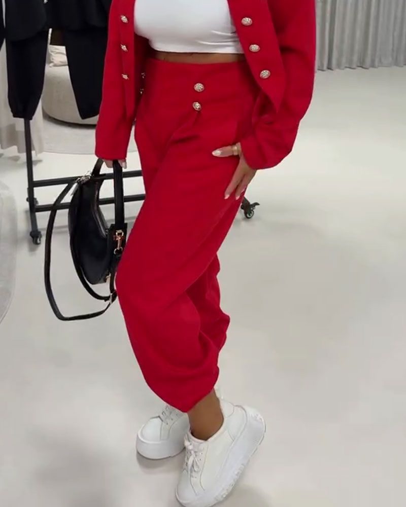 Pantalon Unie Taille Haute Décontracté Bouton