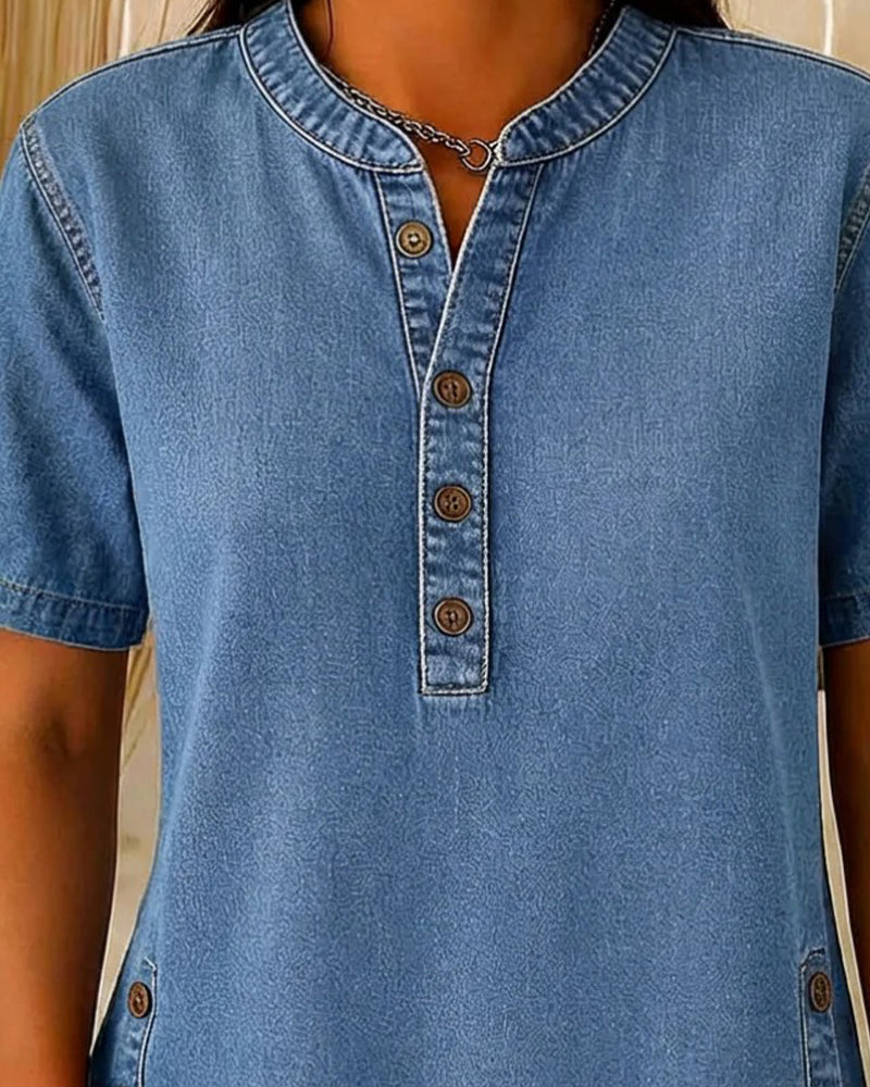 Top Boutons-Devant Denim Manche Courte