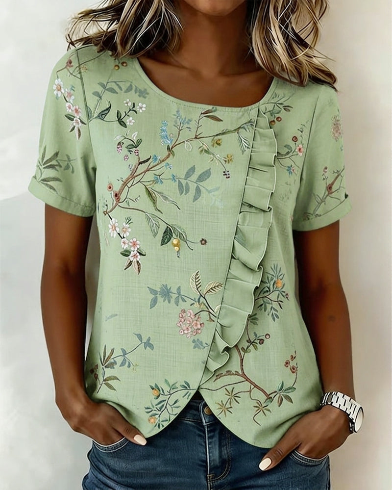 Blouse Col Rond Manches Courtes Volantée Florale