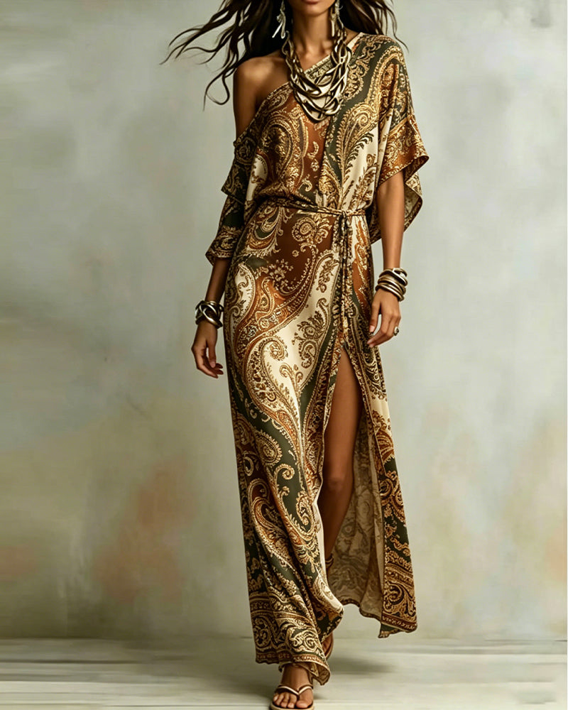 Robe Paisley Une Épaule Cravate Fente Maxi