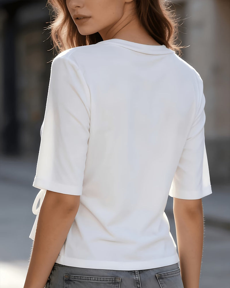 T-Shirt Nœud Latéral Col Rond Demi-Manches