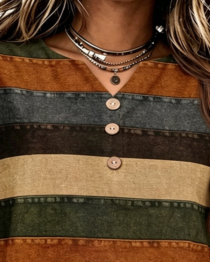 T-Shirt Bouton Patchwork Rayure Horizontale