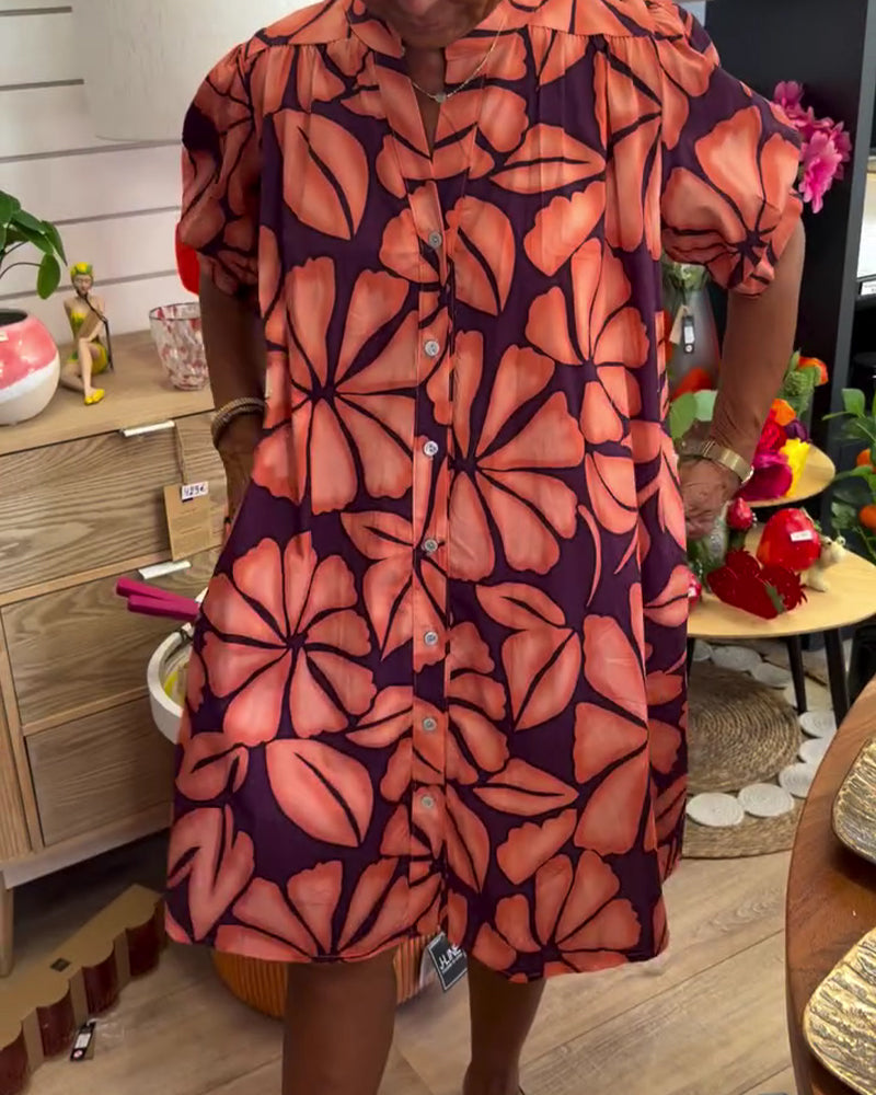Robe Manches Ballon Fleurie Col Montant Chemise