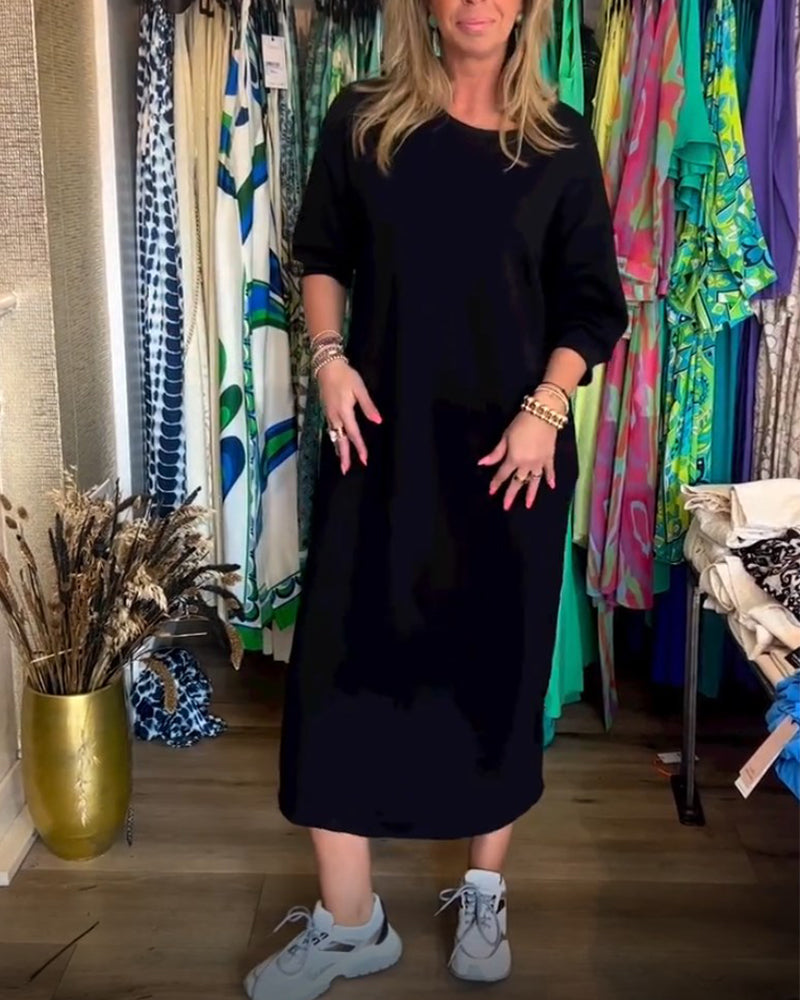 Robe à col rond de couleur unie