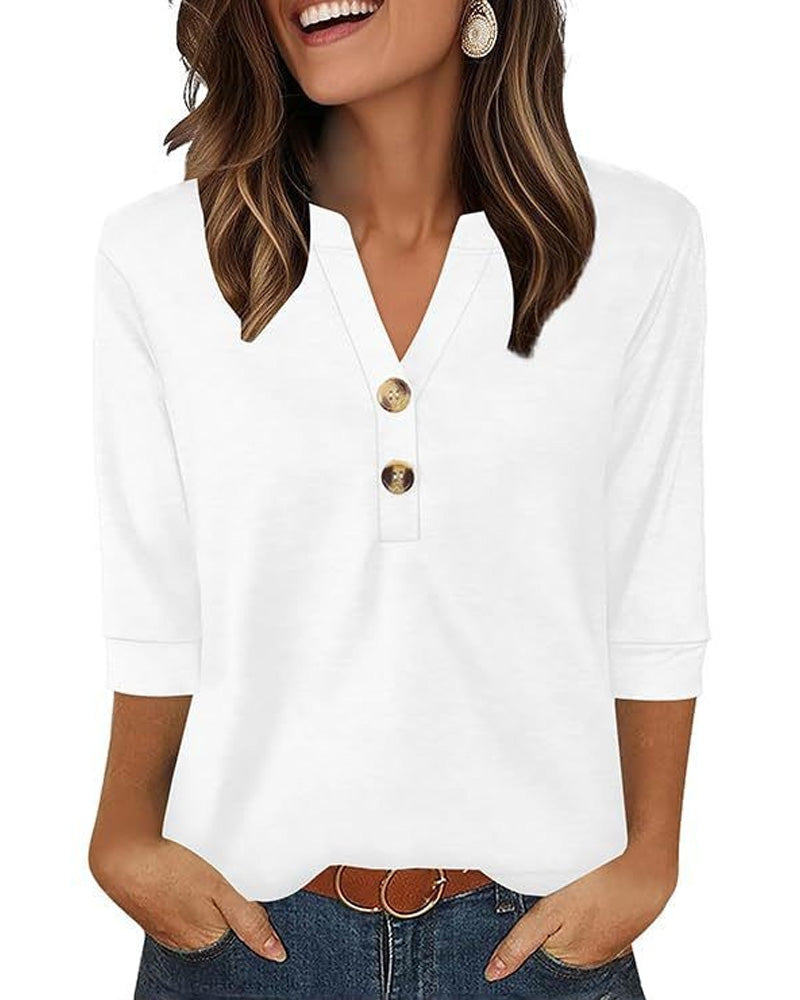 Blouse Col En V Boutonnée Manches Trois-Quarts