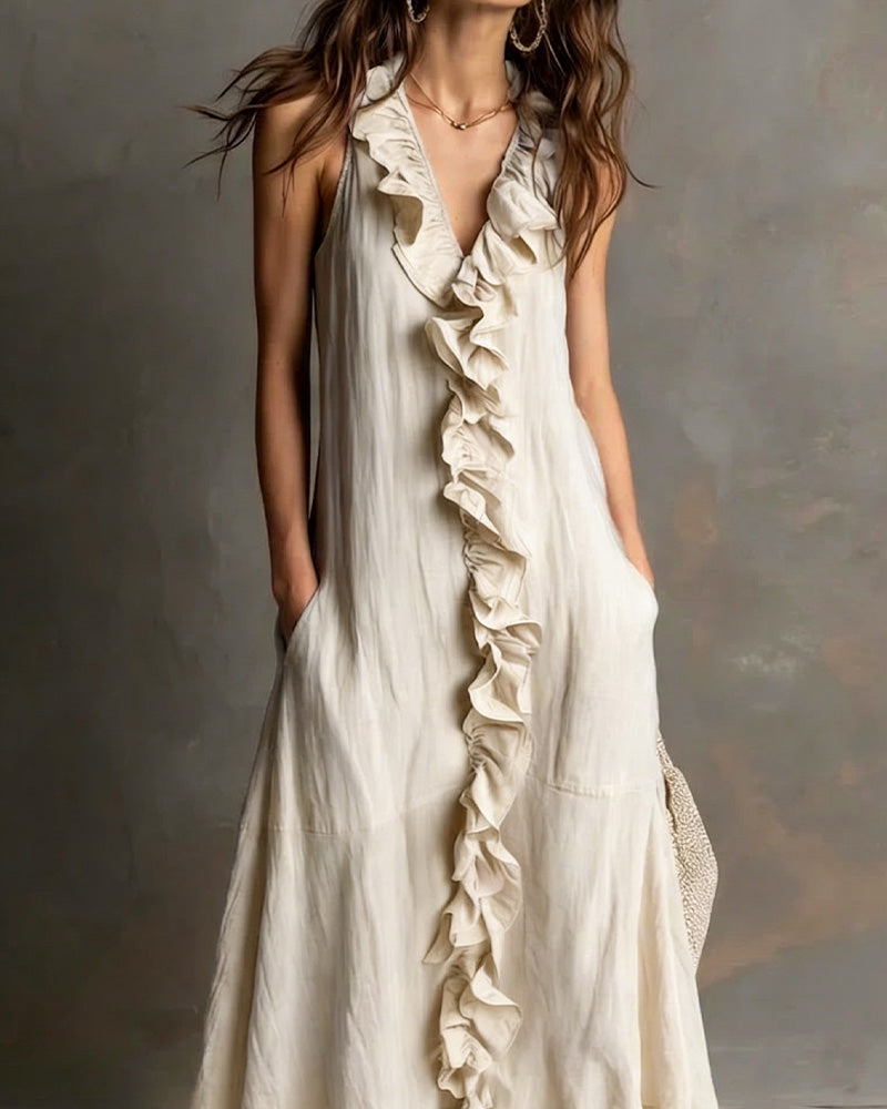 Robe Volant Col En V Poche Sans Manches