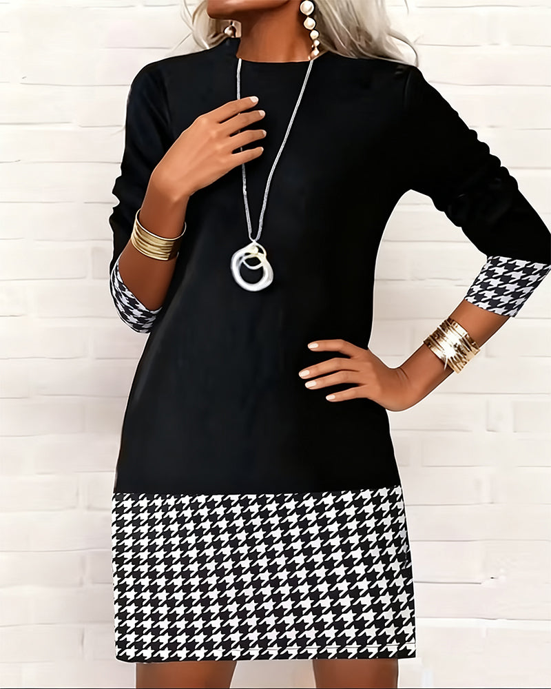 Robe Pied-de-poule Panneaux Manches Longues
