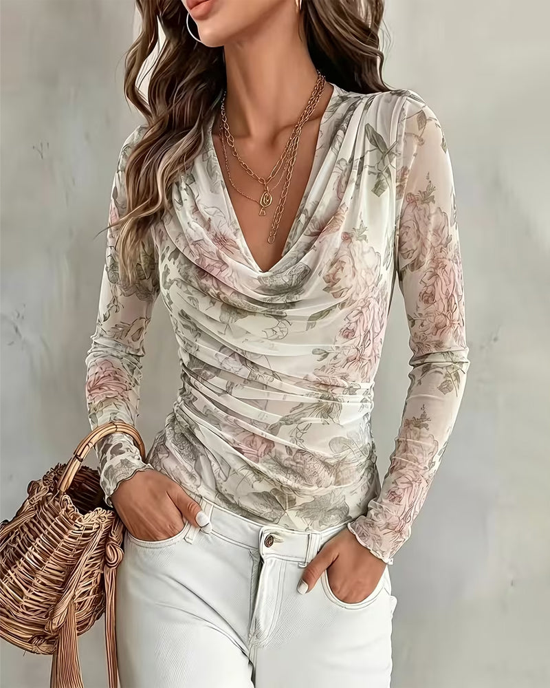 Chemise Col Froncé Imprimé Fleuri Plissé