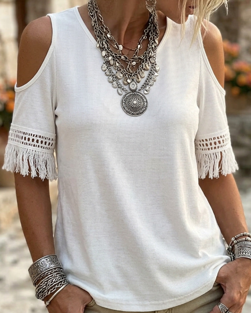 T-Shirt Off-Shoulder Frange Manche Courte