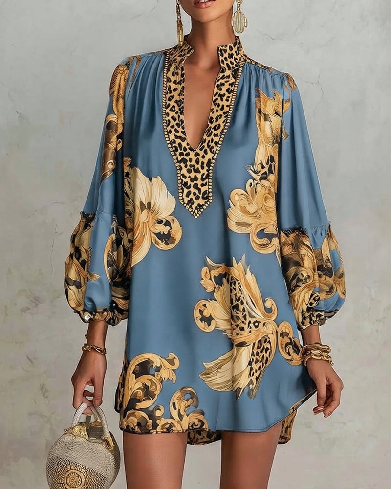 Robe Léopard Manche Lanterne Col Montant Imprimé
