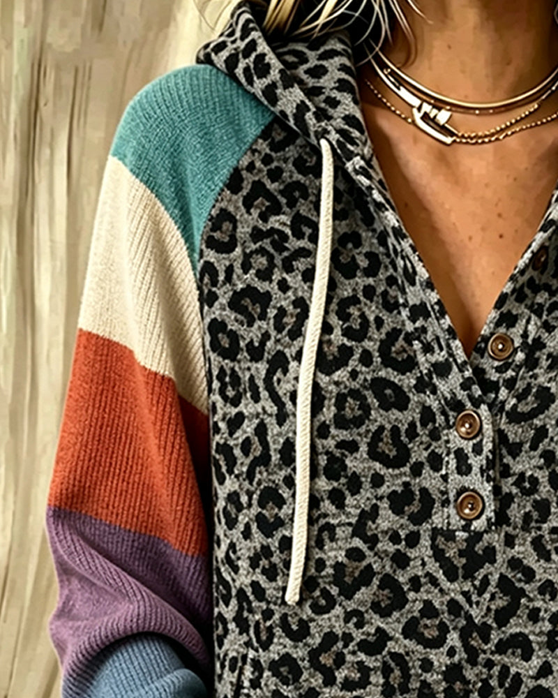 Hoodie Léopard Bloc De Couleur Bouton