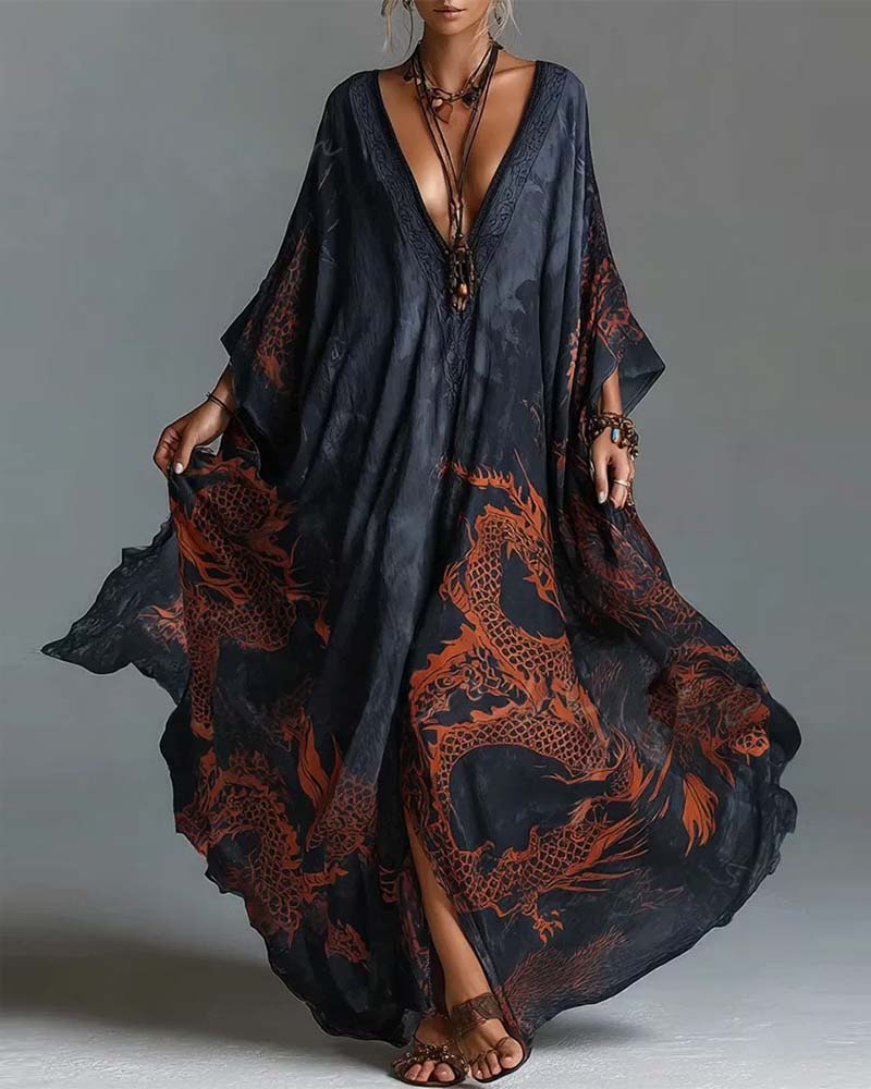 Robe Motif Dragon Rouge Manches Chauve-souris Plongeant Échancré En V