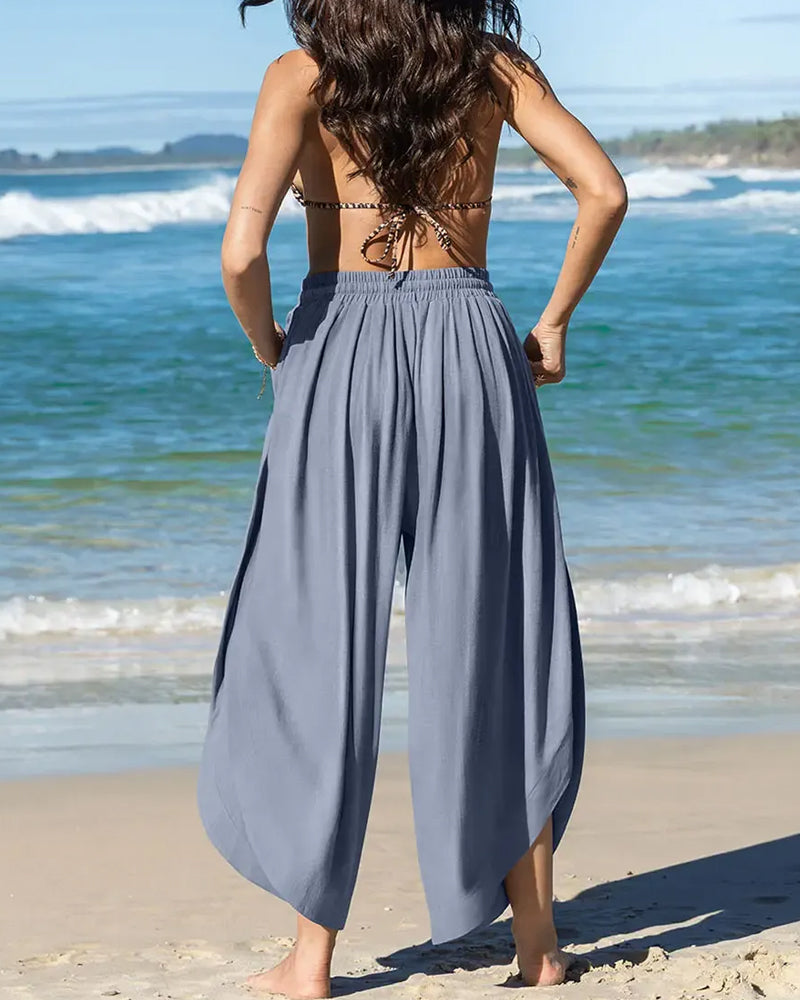 Pantalon Taille Élastique Décontracté Fente Jambe Large