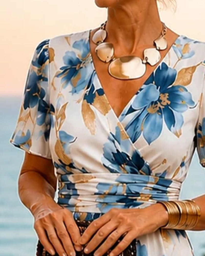Robe Encre-Lavée Floral Col-V Élégant