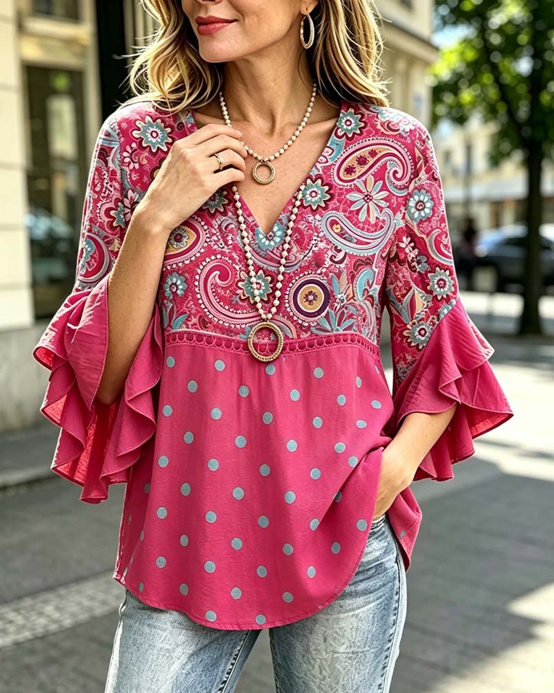 Blouse Col V Florale Pois Volant