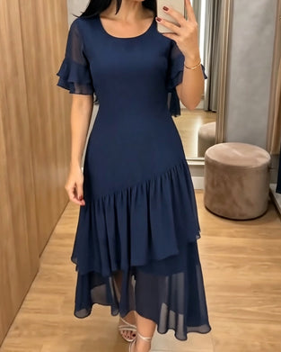 Robe Col Rond Volant Unie