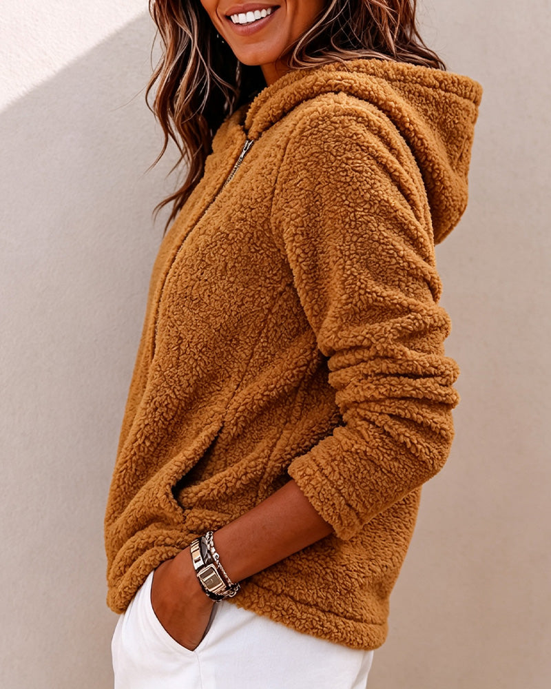 Manteau Fermeture Éclair Diagonale À Capuche Uni
