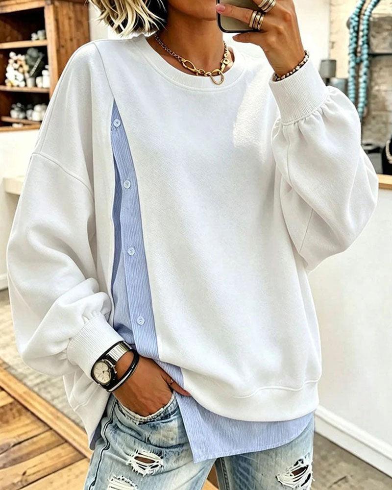 Sweatshirt Fausse Superposition Patchwork Col Rond