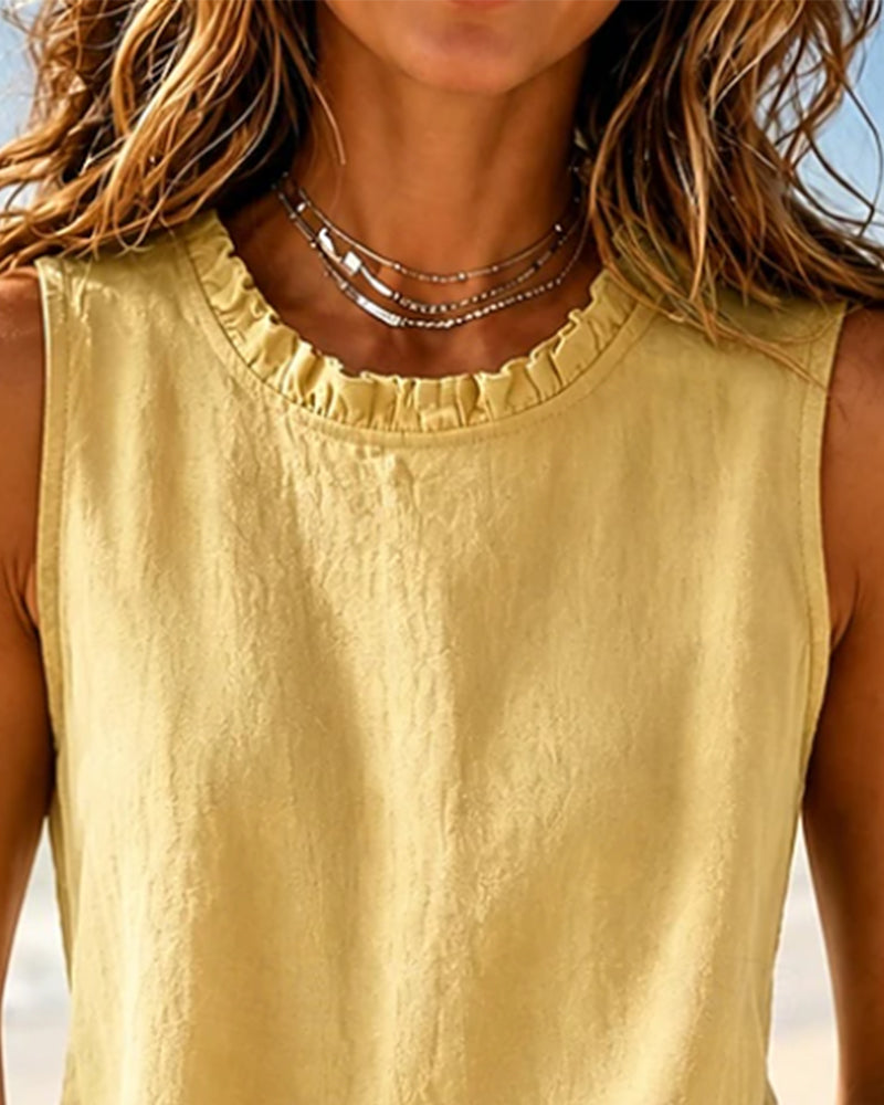 Débardeur Couleur Unie Sans Manches Col Rond Lace