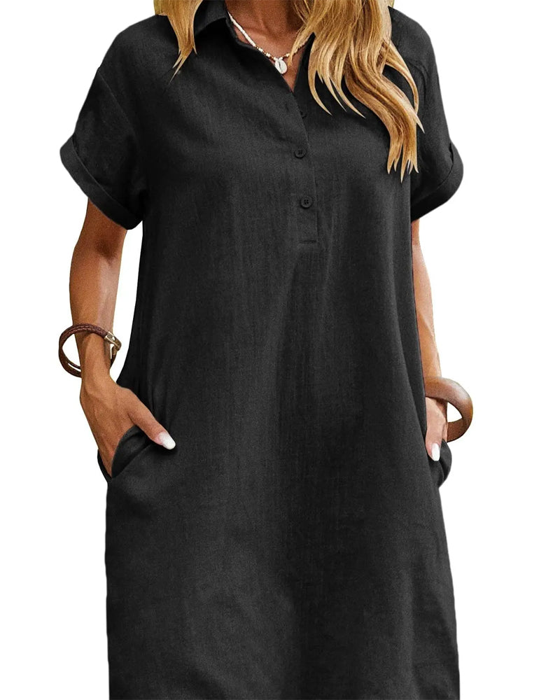Robe Col Bouton Fente Manches Courtes Décontractée