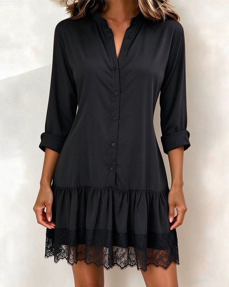 Robe Col Montant Patchwork Bordure En Dentelle